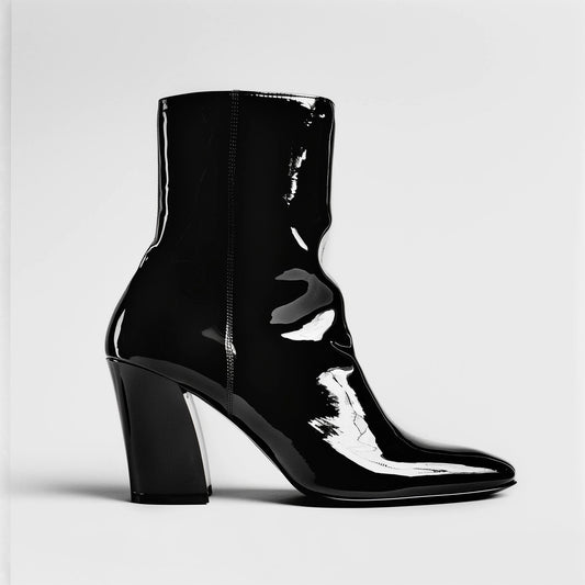 Women’s Black Patent Leather High-Heel Ankle Boots – Pointed Toe Dress Booties