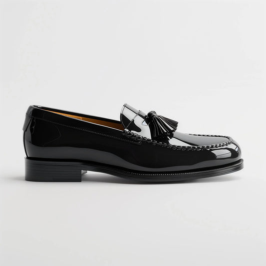 Men’s Black Patent Leather Tassel Loafers – Classic Slip-On Dress Shoes